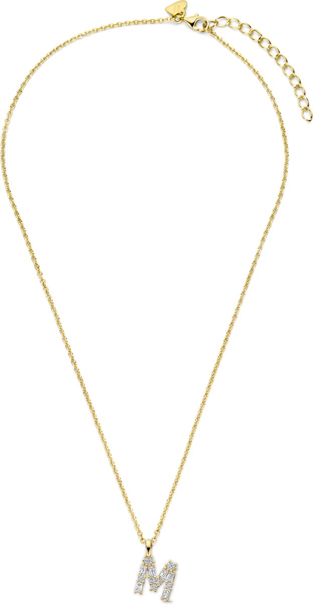 New Bling - 9NB-1456-M - zilveren ketting met letter M - zirkonia steentjes - 925 sterling silver - gold plated
