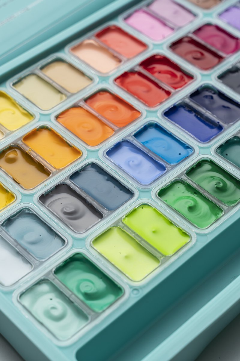 HIMI - Gouache - Twin split cups - set van 48 kleuren - 12g - 3 penselen - Turquoise — afbeelding 4