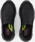 Zwarte Skechers Slip-ins instappers van bovenaf gezien, met 'Skechers Slip-ins' op de binnenzool.