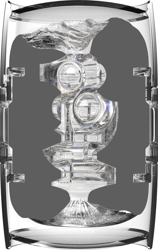 Transparante masturbator met complexe interne structuur.