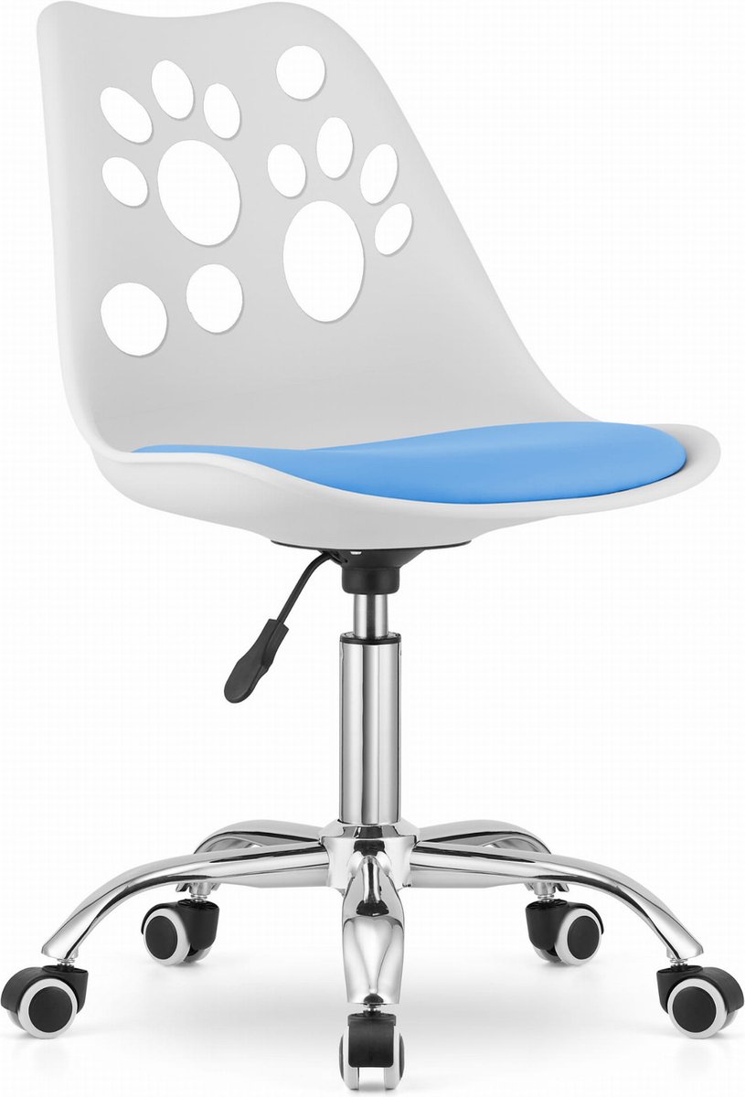 PRINT Bureaustoel Wit-Blauw, Modern Ergonomisch Design, Verstelbare Zithoogte, Chromen Basis, Geschikt voor Kinderkamer, Thuiswerkplek of Kantoor, Max. 110 kg