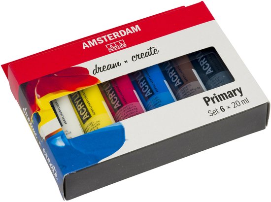 Doos met 6 tubes Amsterdam acrylverf, 20 ml per stuk. Wit, geel, roze, cyaan, bruin en zwart.