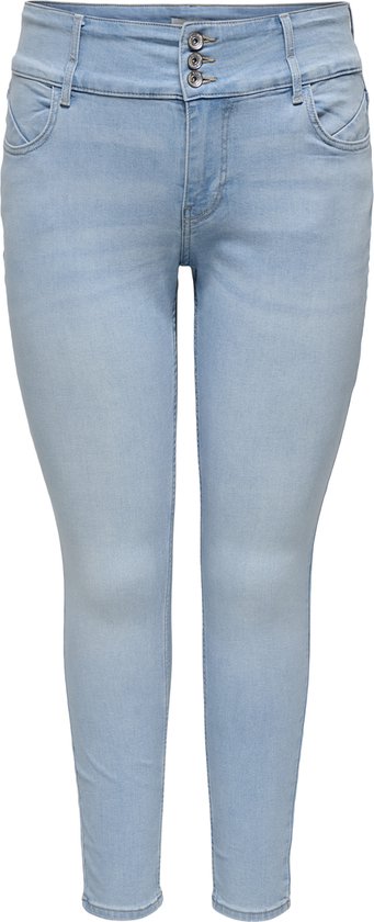 Lichtblauwe spijkerbroek met hoge taille en knoopsluiting, zonder model.