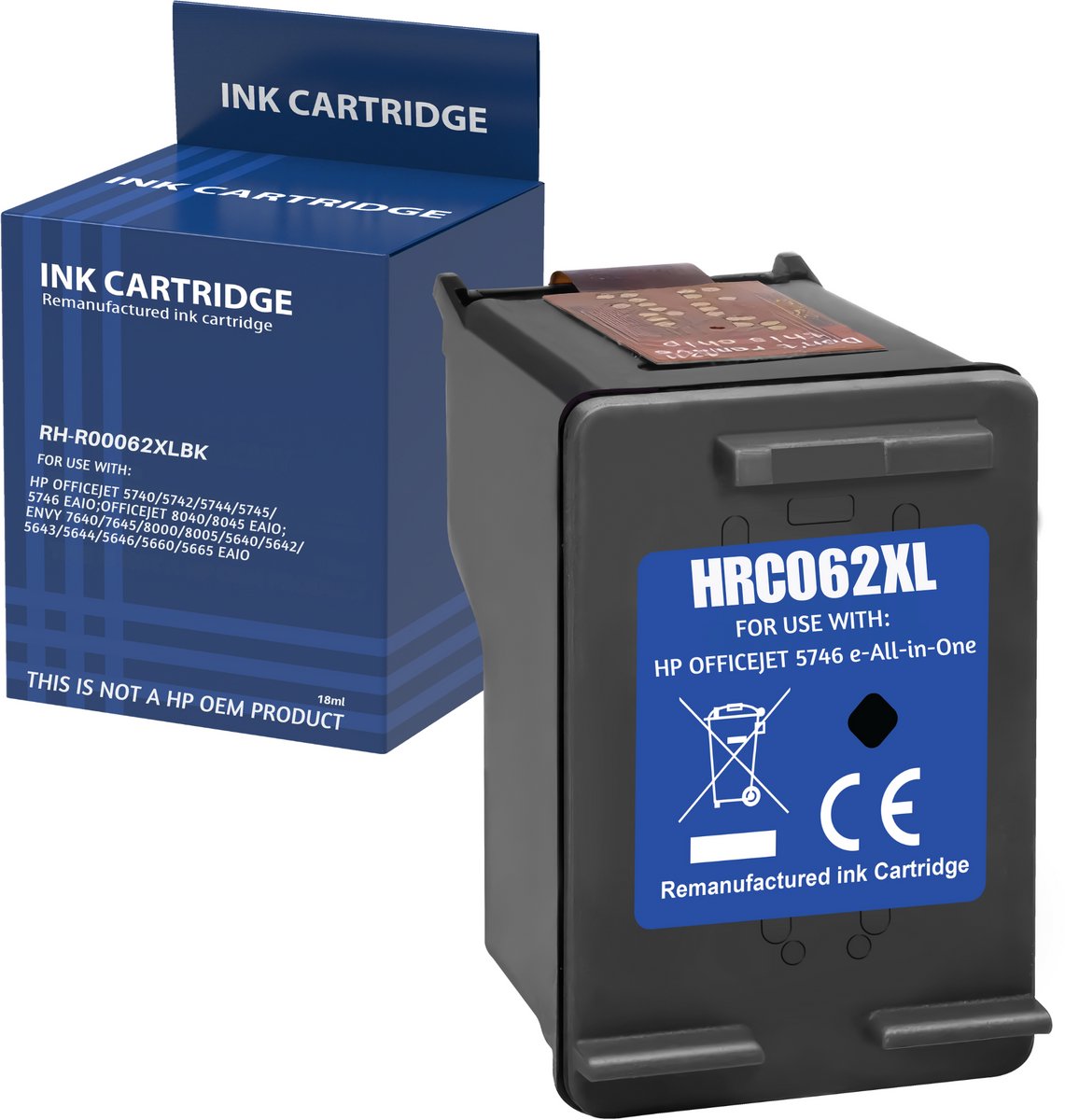 Inktcartridge geschikt voor HP 62XL zwart compatibel HP OfficeJet 200 5700 5740 5745 8040 Envy 5540 5545 5600 5660 5665 7600 7640 7645 8000 8005