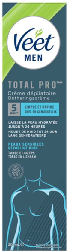 Veet Men Total Pro ontharingscrème. Donkerblauwe doos met groene accenten. Schematische weergave van een mannentorso.