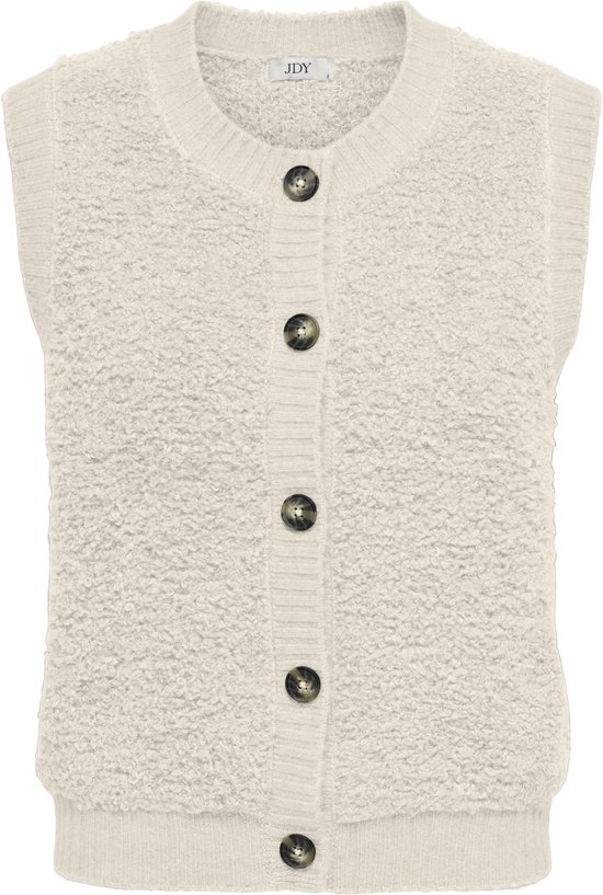 Crèmekleurige gebreide meisjesvest met knoopsluiting en rond decolleté, met textuur.