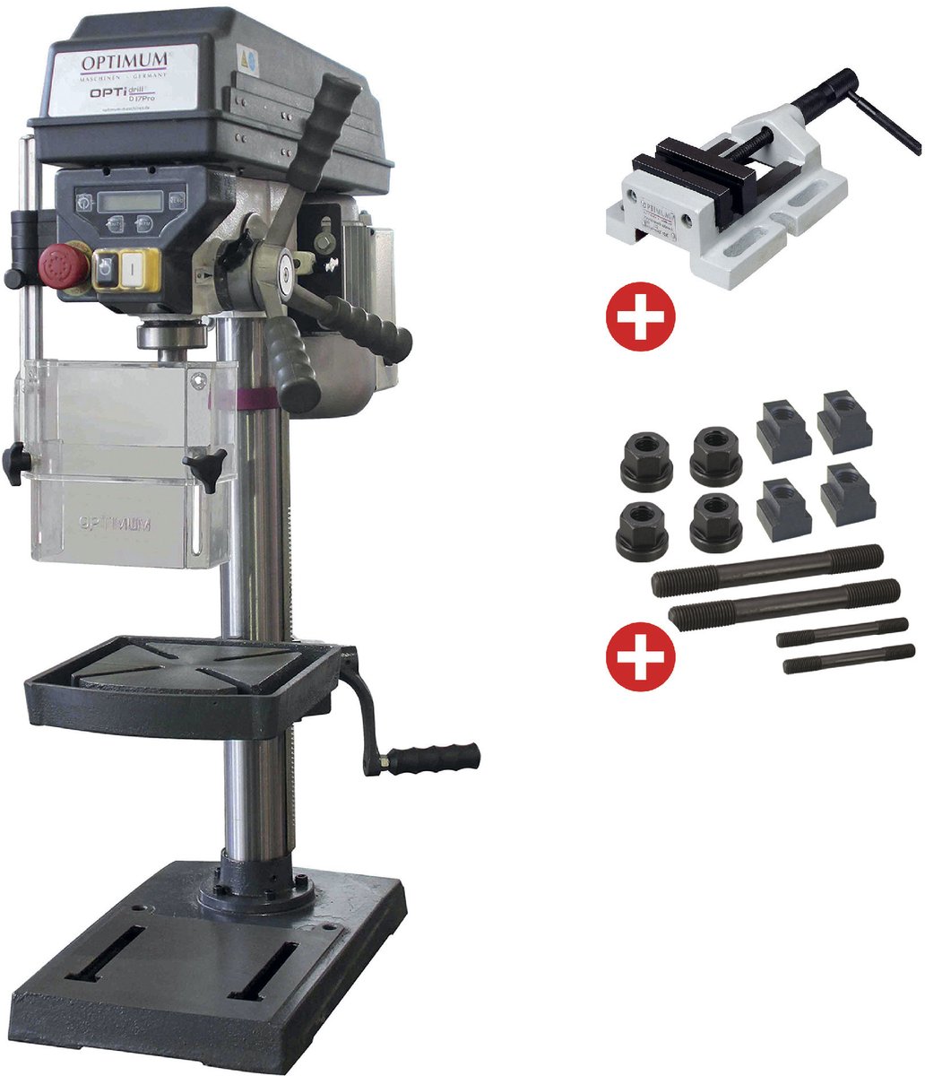Professionele tafelboormachine boren tot ø 16 mm opname MK2 500W 230V 5 snelheden + boorklem + set spanbouten Optidrill D17PRO 230V PACK