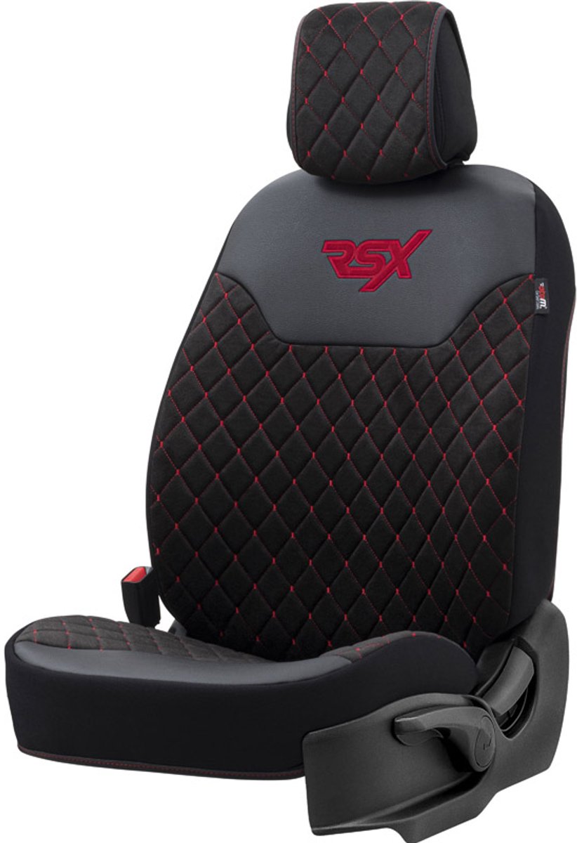 Stoelbeschermer RSX Diamond zwart met rood stiksel (eenvoudige montage) - luxe suede met kunstleer