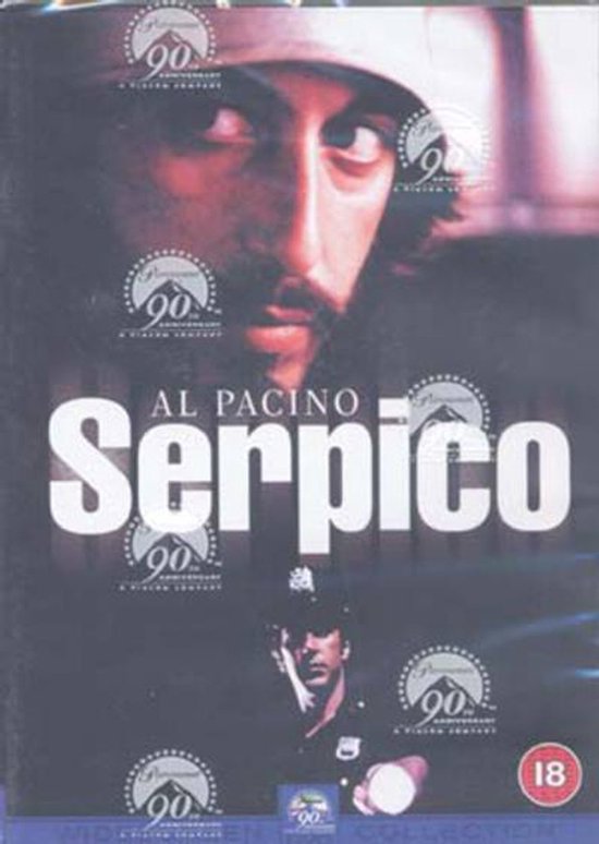 DVD-hoes van de film Serpico met Al Pacino en vele 90-jarig jubileum logo's van Paramount