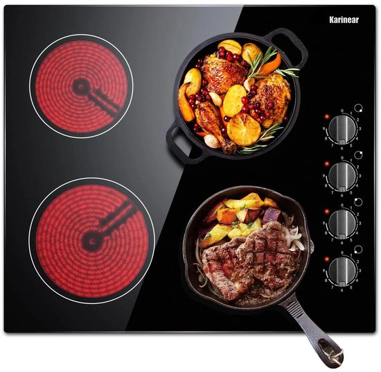 Inductie kookplaat - Induction Hob - Induction Cook Top - Inductie Fornuis - Elektrische Brander - 4-pits - Inbouw - 59 cm Elektrische Kookplaat - Zwarte mat Gematteerde Keramische Glasplaat - met 4 Individuele Bedieningsknoppen