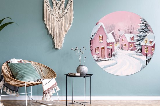 WallCircle - Wandcirkel - Muurcirkel - Kerstdorp - Roze - Winter - Sneeuw - Huizen - Aluminium - Dibond - 120x120 cm - Binnen en Buiten XXL