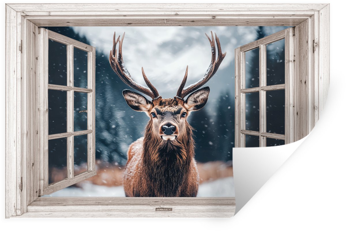 Muurstickers - Sticker Folie - Hert - Dieren - Landschap - Winter - Sneeuw - Doorkijk - Na