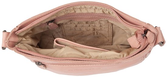 Open roze leren crossbodytas met diverse vakken aan de binnenkant, waaronder een telefoonvak en een ritsvak. Het logo is meermalen aan de binnenkant zichtbaar.