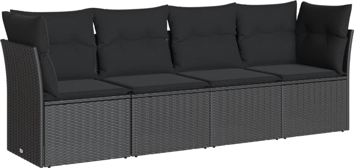 The Living Store 4-delige Loungeset met kussens poly rattan zwart - Loungebank - Lounge Set - Tuinlounge - Buitendiner - Outdoor Furniture