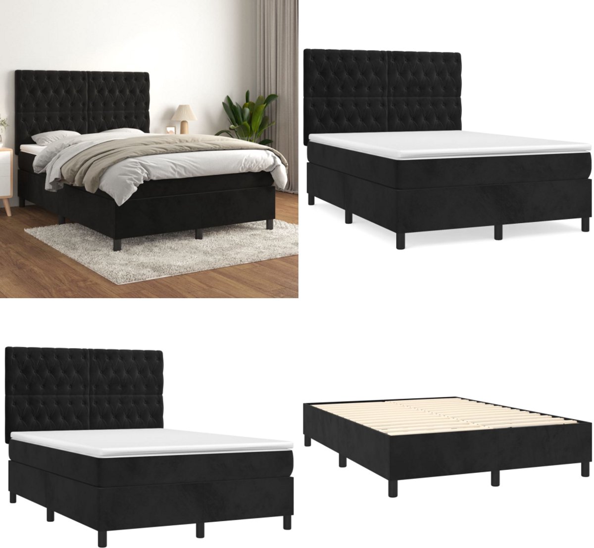 vidaXL Boxspring met matras fluweel zwart 140x200 cm - Boxspring - Boxsprings - Bed - Slaapmeubel