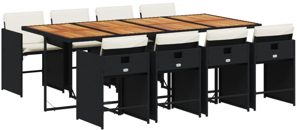 The Living Store 9-delige Tuinset poly rattan zwart - Tuinset - Eetkamer Set - Buitendecoratie - PE-rattan - Acacia Hout