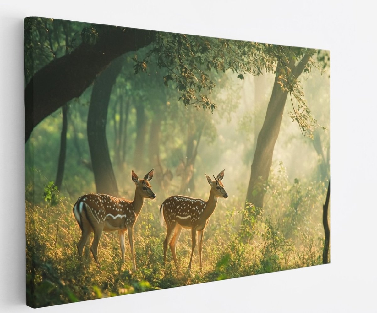 Saammp Canvas Schilderij - 2 Hertjes in het bos - Landschap - Natuur - 45x30 - Foto op canvas - Wanddecoratie - Muurdecoratie Woonkamer - Slaapkamer decoratie - Canvas Print Multicolor