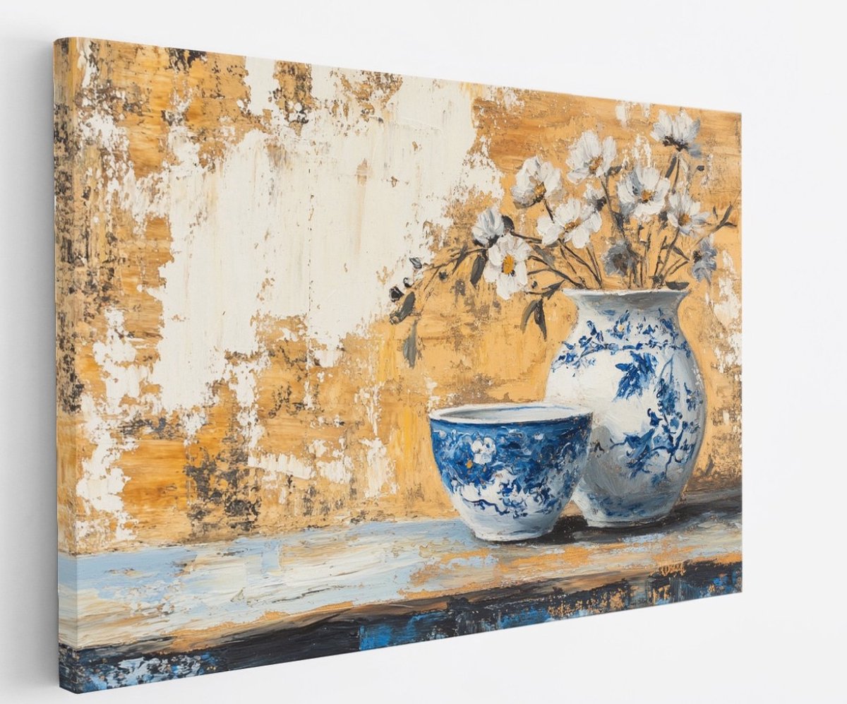 Saammp Canvas Schilderij - Chinees Porselein met Bloemen - Natuur - Kunstzinnig - 45x30 - Foto op canvas - Wanddecoratie - Muurdecoratie Woonkamer - Kantoor Decoratie Multicolor