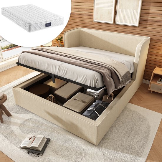 ZYLOYAL10 Gestoffeerd bed, tweepersoonsbed, opbergruimte, bedlade, leeslamp met USB-oplaadfunctie, hoofdeinde, opbergbedden, bedframe, bed voor jongeren (zonder matras) (140 x 200 cm, beige linnen ZYLOYAL10 Gestoffeerd bed, tweepersoonsbed, opbergruimte, bedlade, leeslamp met USB-oplaadfunctie, hoofdeinde, opbergbedden, bedframe, bed voor jongeren (zonder matras) (140 x 200 cm, beige linnen