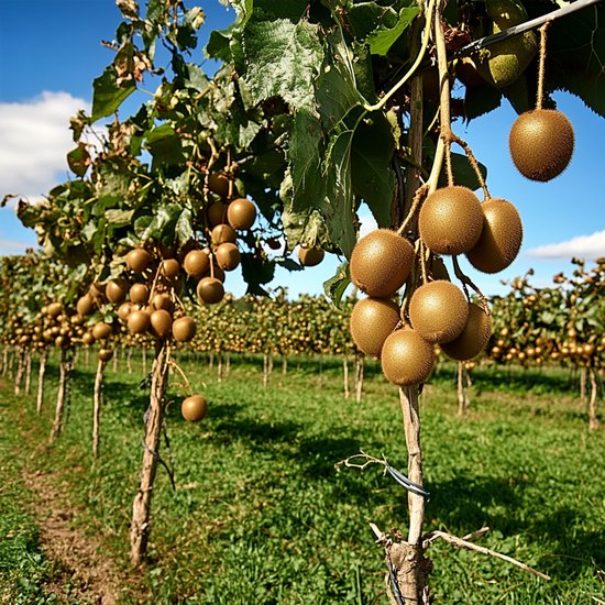 Kiwi's hangend aan een struik met groene bladeren, in een kiwiplantage met staken.