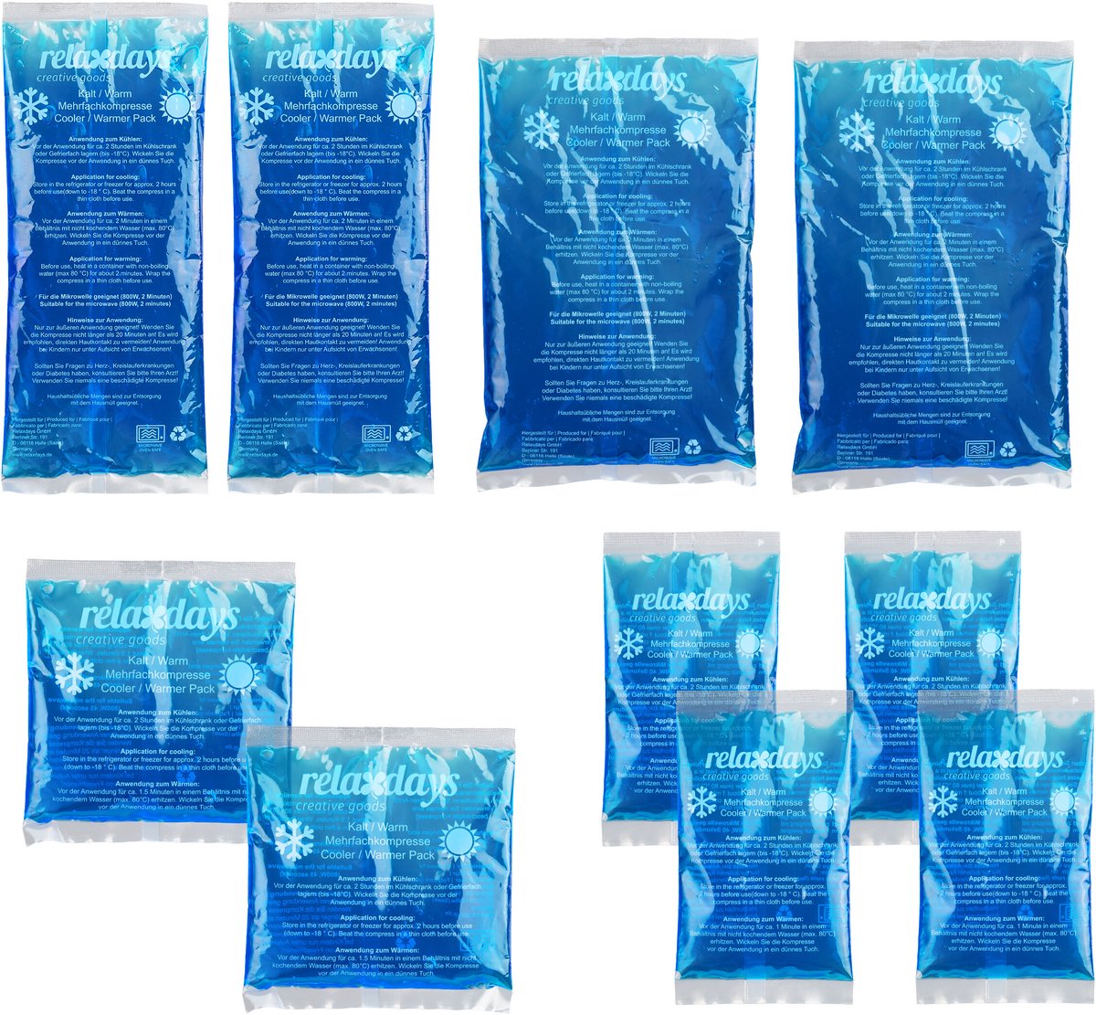 coldpack - 10-delige set - 4 groottes - magnetronbestendig - herbruikbaar - gelpacks