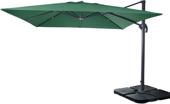Donkergroene zweefparasol met zwarte paal en voet, geopend.