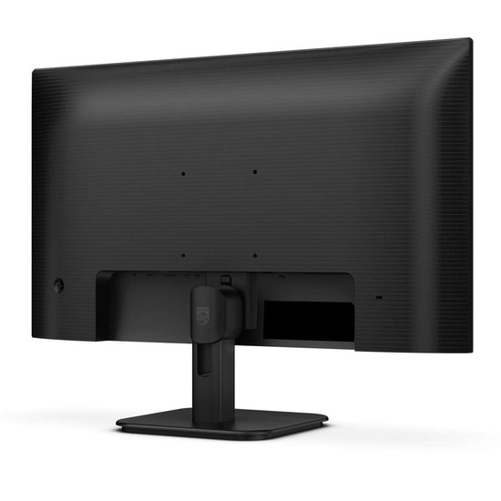 Achteraanzicht van de Philips-monitor met een zwarte behuizing met textuur en een centrale standaardbevestiging.