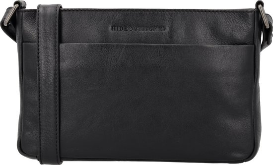 Sac bandoulière noir en cuir Hide & Stitches avec poche avant et détails métalliques.