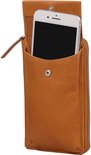 Bruine telefoonportemonnee met open klep en drukknop, met smartphone erin.