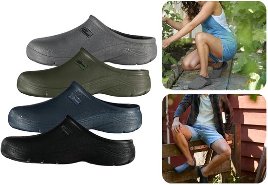 Collectie van vier tuinklompen in grijs, groen, navy en zwart, naast afbeeldingen van een vrouw en man.