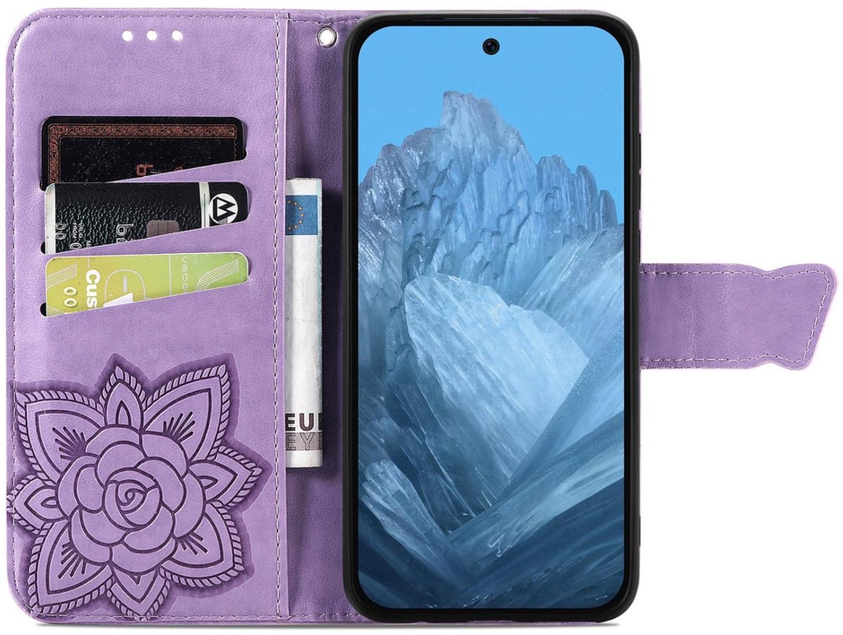 Mobigear Telefoonhoesje geschikt voor Google Pixel 9 Hoesje | Mobigear Butterfly Bookcase Portemonnee | Pasjeshouder voor 3 Pasjes | Telefoonhoesje voor Pinpas / OV Kaart / Rijbewijs - Paars