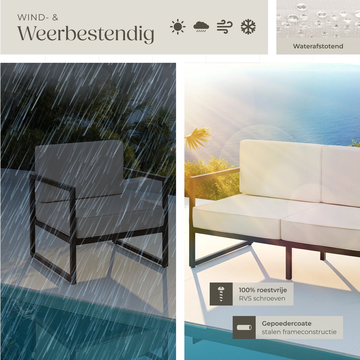 tectake® - Tuin-loungeset Comosa - Voor 7 personen - Tuinset - Twee banken en tuin fauteuil - Waterafstotende en ultradikke zit-en rugkussens - Draagkracht 120kg per zitplaats - Bruin/beige – foto 7