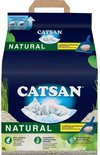 Catsan Natural klontvormende kattenbakvulling met witte kat op wolk, groene bladeren en tarwe.