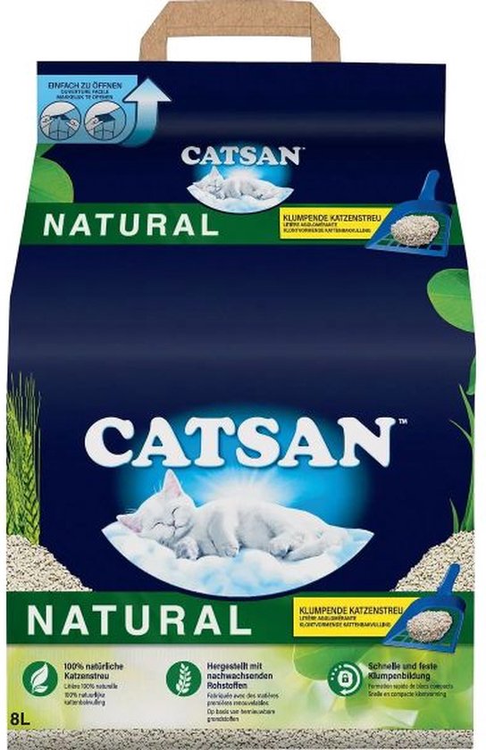 Catsan Natural klontvormende kattenbakvulling met witte kat op wolk, groene bladeren en tarwe.