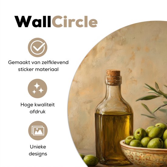 WallCircle® - Behangcirkel 120x120 cm - Muurstickers Olijven - Stilleven - Vintage - Muurcirkel woonkamer - Wandcirkel slaapkamer - Kamer decoratie zelfklevend - Muurdecoratie accessoires XXL
