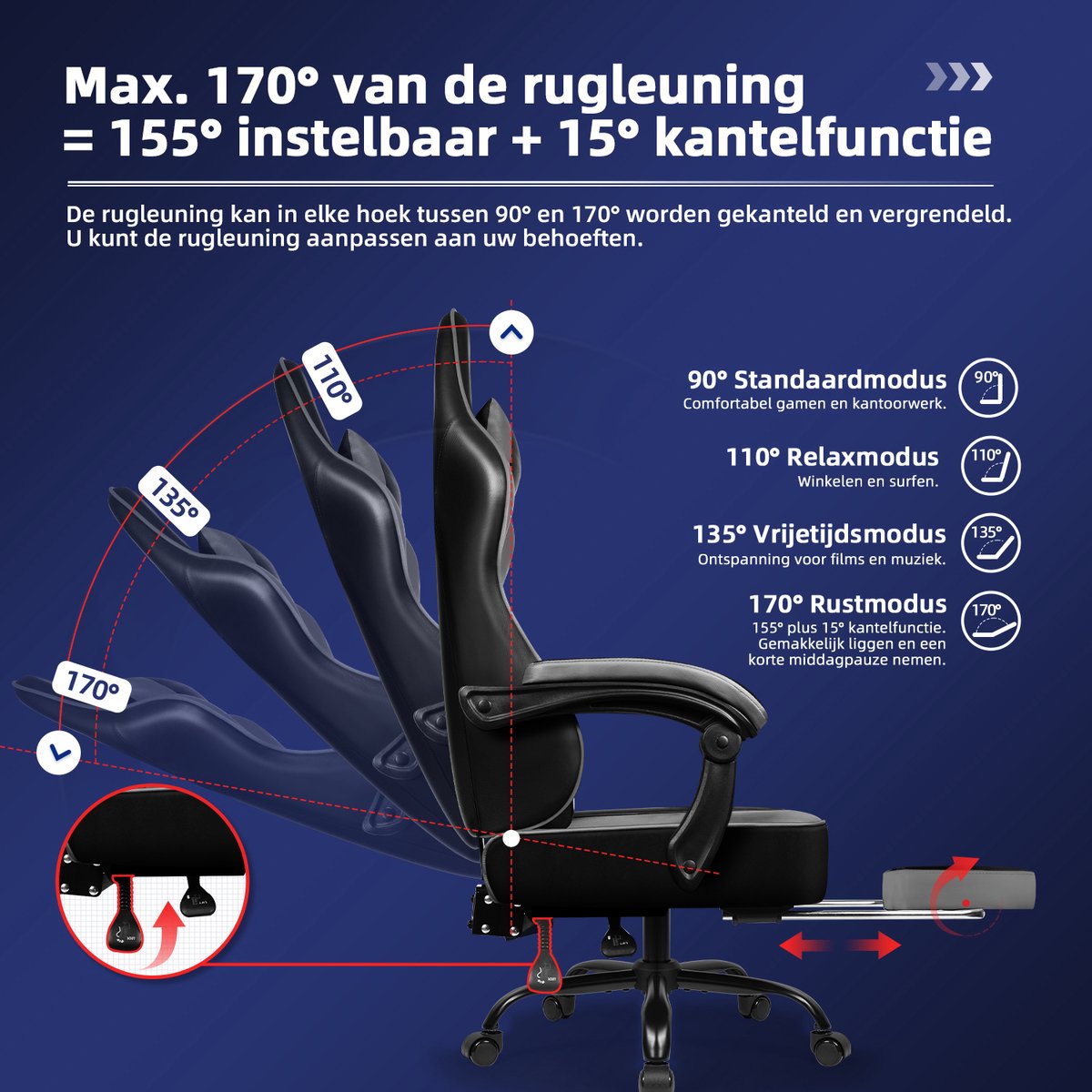 Afbeelding 2 van Hiaonyx Gaming Stoel - 170° Verstelbare Rugleuning - Gaming Stoel met inklapbare Voetsteun - racerstijl - Geïntegreerde Armleuningen - Maximale Belastbaarheid 150kg - Grijs