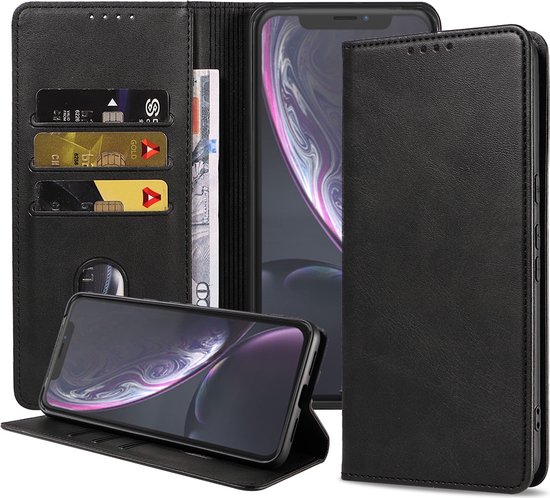 Coque iPhone Xr en Cuir Zwart - Coque iPhone Xr en Cuir de Luxe avec Fermeture Magnétique Zwart - Housse de Bookcase en Cuir Zwart avec Porte-Cartes pour iPhone Xr - Smartphonica