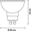 Afmetingen van de Calex GU10 LED lamp: diameter 50mm, hoogte 52mm.