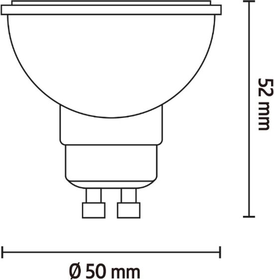 Afmetingen van de Calex GU10 LED lamp: diameter 50mm, hoogte 52mm.