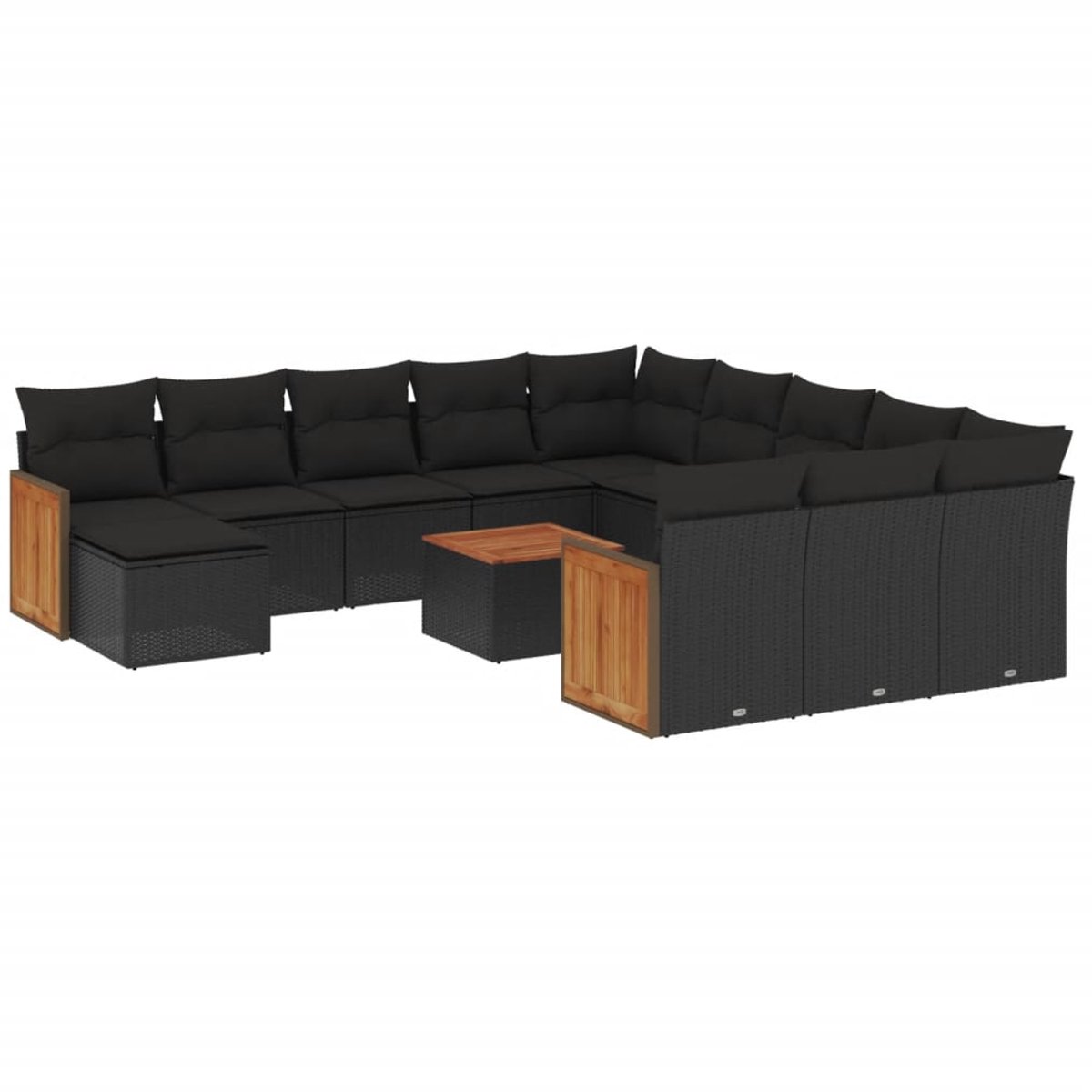 13-delige zwarte poly rattan loungeset met kussens voor tuin, loungebank en buitendecoratie.