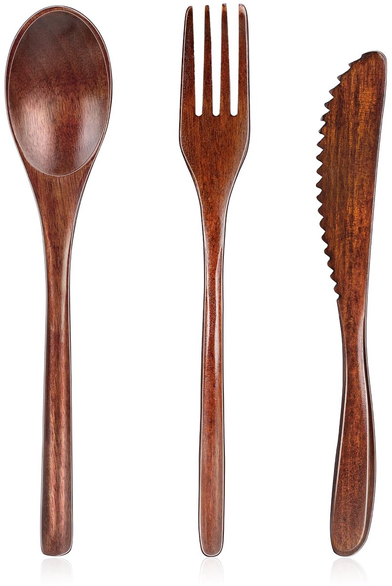 My Ninki ® Elegant en Milieuvriendelijk Houten Bestekset van Drie Stuks voor Reizen en Thuisgebruik