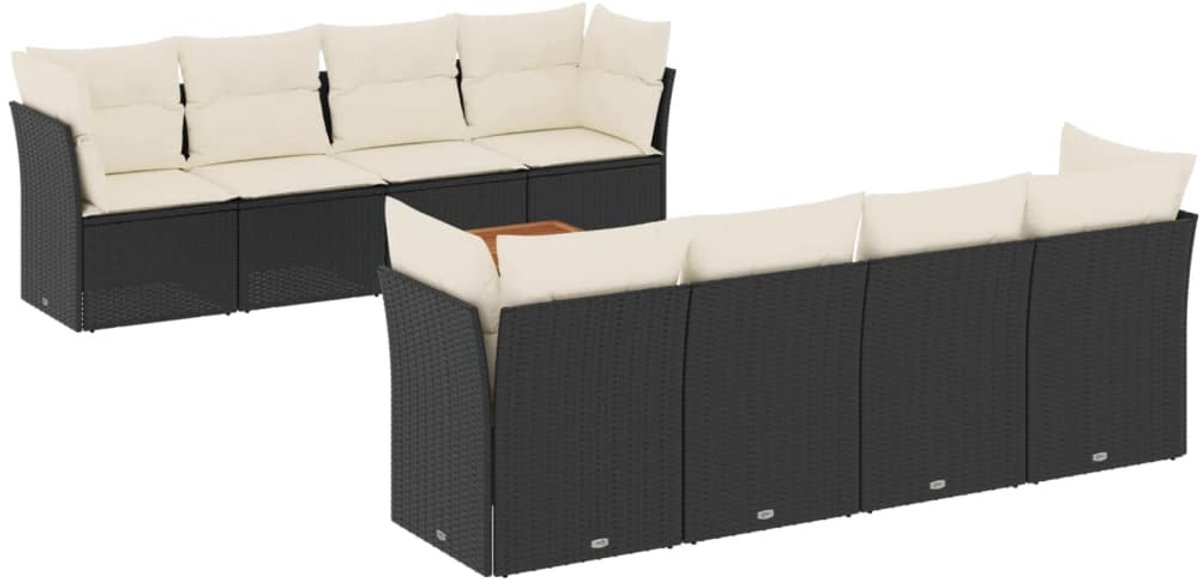The Living Store 9-delige Loungeset met kussens poly rattan zwart - Loungebank - Lounge Set - Buitendecoratie - Tuinbank - Loungestoel
