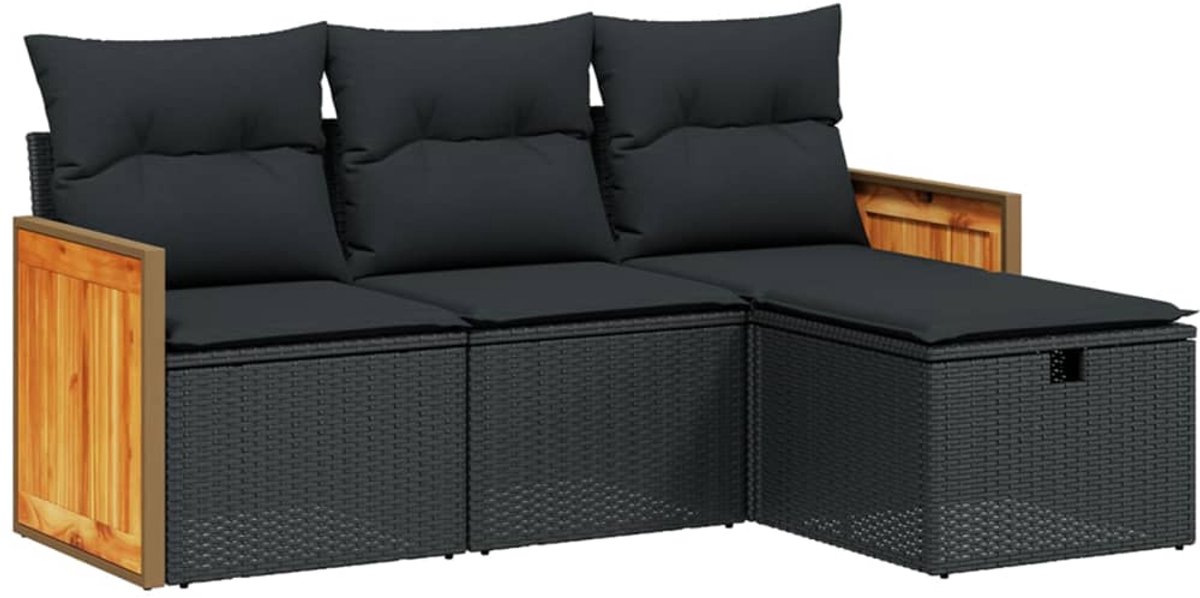Zwarte poly rattan loungeset met kussens voor tuin en outdoor gebruik.