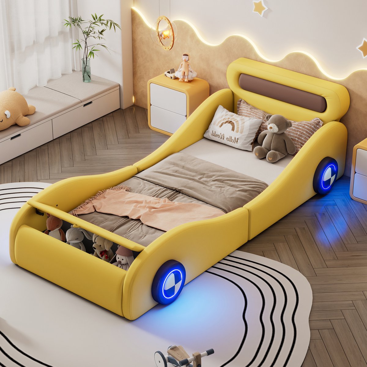 Gestoffeerd bed, eenpersoonsbed 90x200cm, kinderbed, tienerbed, PU, zonder matras, geel