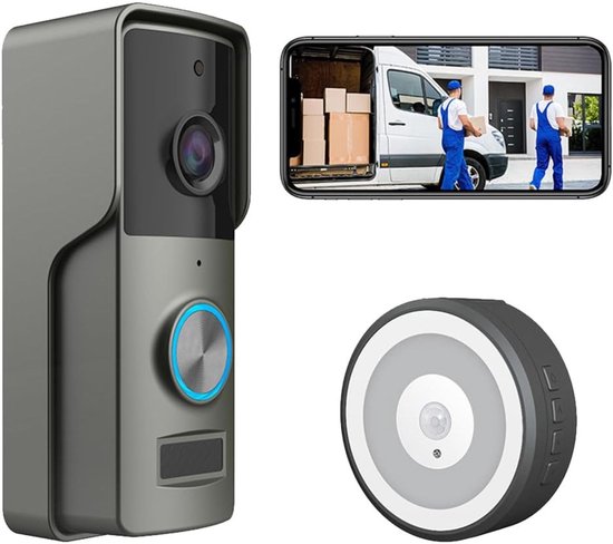 Deurbel met camera, smartphone met bezorgers en een binnensensor.