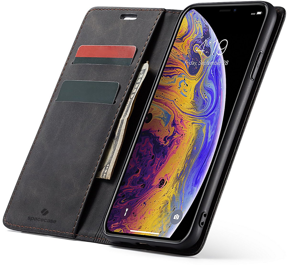 Spacecase Case Portefeuille Voor Iphone Xs Max Zwart Leer