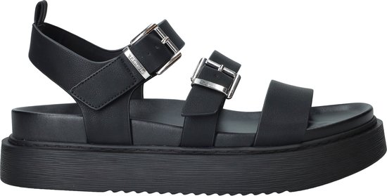 Sandales noires Tamaris à plateforme et deux boucles. Deux brides sur l'avant du pied.