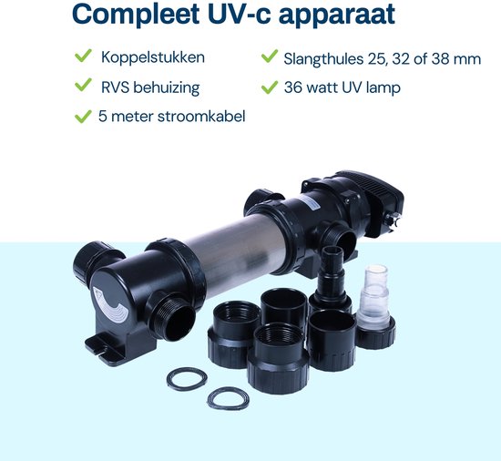Compleet UV-c apparaat met RVS behuizing, koppelsstukken, slangetules 25, 32 of 38 mm, en 5 meter stroomkabel.