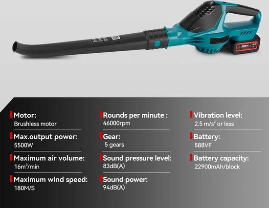 Draadloze Bladblazer - Sneeuwblazer - Stofblazer - Luchtblazer - 18V - 5500W - Elektrisch - 2 Accu's - Accu Lader- Efficiënt Schoonmaken - 5 Standen - 180km/h - Antisliphandvat - Verlengstuk voor Precisie - Zorgt voor Veiligheid van VONROC — afbeelding 4