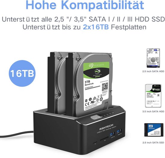 Dual Bay Harde Schijf Docking Station - USB 3.0 Aluminium Dockingstation voor HDD & SSD - Offline Klonen, Ondersteunt SD/TF-Kaart van RSHTECH — afbeelding 3